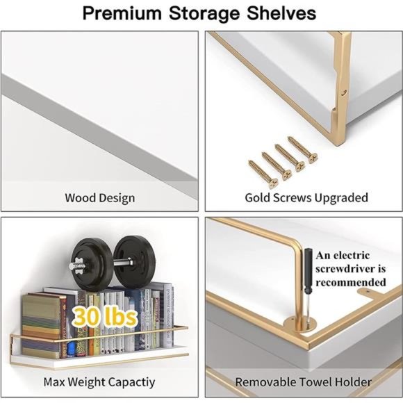 White Floating Shelves - Set of 2, Wall Mounted Hanging Shelves with Golden Rack - Picture 6 of 6